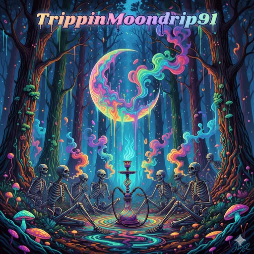Hookah Under the Crescent: Little skeletons gather around a hookah in a moonlit, glowing forest.